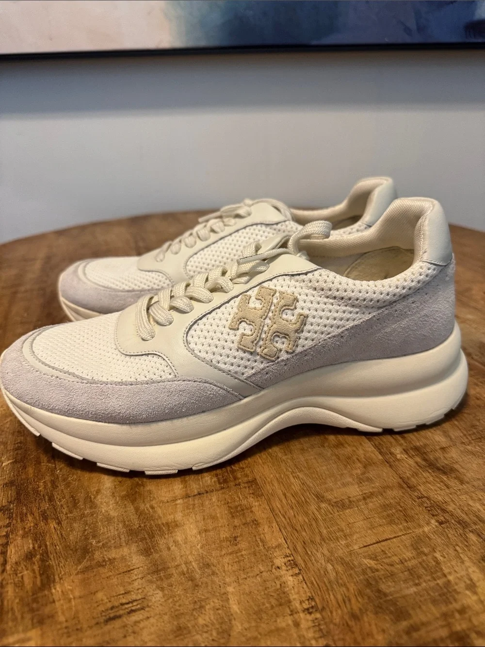 Tory Burch Cream and Light Gray Suede Mesh Platform Sneakers
